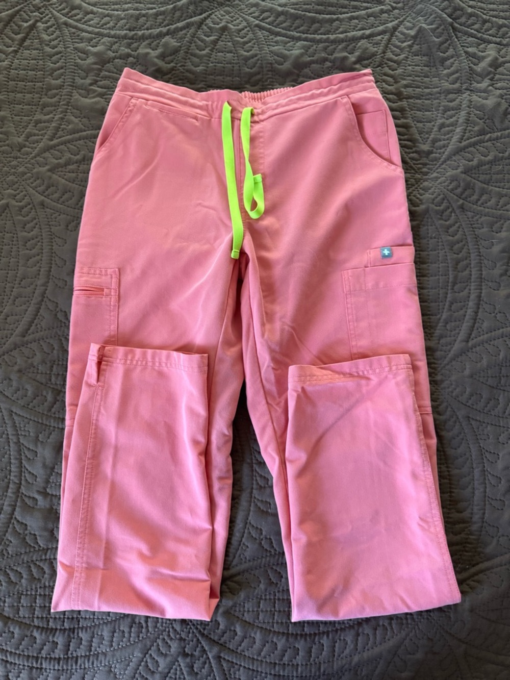 Figs Bright Coral Cargo Jogger Pants with Neon Green Drawstring